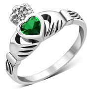 Celtic Claddagh Ring w Green CZ, r446