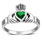 Celtic Claddagh Ring w Green CZ, r446