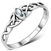 Thin Celtic Knot Silver Ring, set w Blue Topaz CZ, r494