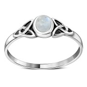 Silver Trinity Ring w Rainbow Moon Stone, r498