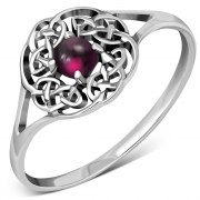 Delicate Round Garnet Celtic Silver Ring, r526
