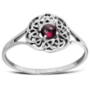 Delicate Round Garnet Celtic Silver Ring, r526