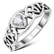 Celtic Knot Clear CZ Heart Silver Ring, r537