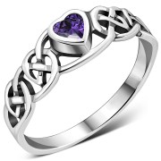 Celtic Knot Amethyst CZ Heart Silver Ring, r537