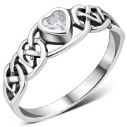 Celtic Knot Clear CZ Heart Silver Ring, r537