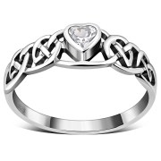Celtic Knot Clear CZ Heart Silver Ring, r537