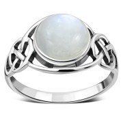 Rainbow Moonstone Celtic Knot Silver Ring, r543