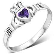Amethyst CZ Irish Claddagh Silver Ring