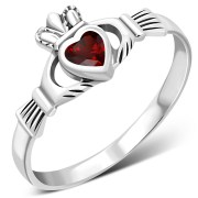 Garnet CZ Irish Claddagh Silver Ring, r546