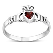 Garnet CZ Irish Claddagh Silver Ring, r546