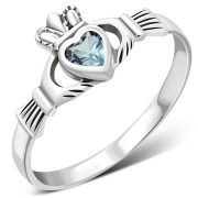 Blue Topaz CZ Irish Claddagh Silver Ring, r546