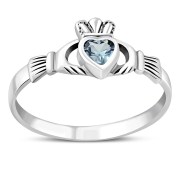 Blue Topaz CZ Irish Claddagh Silver Ring, r546