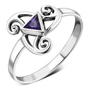Amethyst CZ Triskele Triple Spiral Silver Ring, r551
