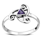 Amethyst CZ Triskele Triple Spiral Silver Ring, r551