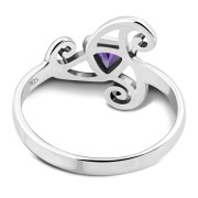 Amethyst CZ Triskele Triple Spiral Silver Ring, r551