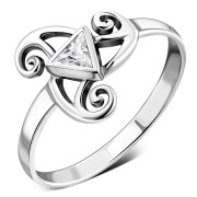 Clear CZ Triskele Triple Spiral Silver Ring, r551