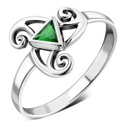 Emerald Green CZ Triskele Triple Spiral Silver Ring, r551