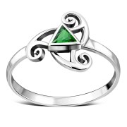 Emerald Green CZ Triskele Triple Spiral Silver Ring, r551