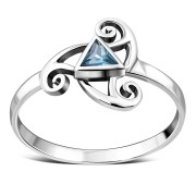 Blue Topaz CZ Triskele Triple Spiral Silver Ring, r551