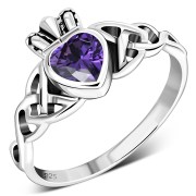 Celtic Trinity Knot Amethyst CZ Claddagh Silver Ring, r554