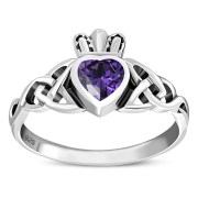 Celtic Trinity Knot Amethyst CZ Claddagh Silver Ring, r554