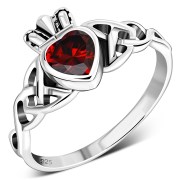 Garnet CZ Celtic Trinity Knot Claddagh Silver Ring, r554