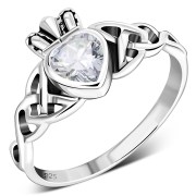 Celtic Trinity Knot Clear CZ Claddagh Silver Ring, r554