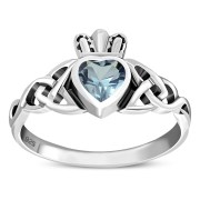 Celtic Trinity Knot Blue Topaz CZ Claddagh Silver Ring, r554