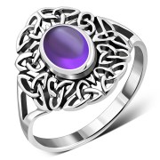 Amethyst Genuine Stone Cab Celtic Trinity Knot Silver Ring, r558