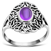 Amethyst Genuine Stone Cab Celtic Trinity Knot Silver Ring, r558