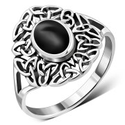 Black Onyx Celtic Trinity Knot Silver Ring, r558