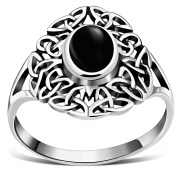 Black Onyx Celtic Trinity Knot Silver Ring, r558