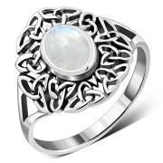 Rainbow Moonstone Celtic Trinity Knot Silver Ring, r558