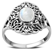 Rainbow Moonstone Celtic Trinity Knot Silver Ring, r558