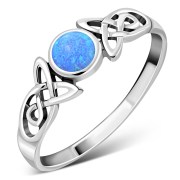 Synthetic Azure Opal Celtic Trinity Silver Ring, r590