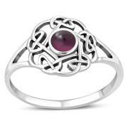 Garnet Round Celtic Knot Silver Ring - r596