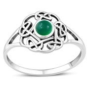 Green Agate Stone Round Celtic Knot Silver Ring - r596