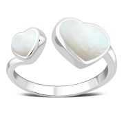 Mother Of Pearl Shell Double Love Heart Sterling Silver Adjustable Open Ring, r603