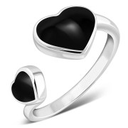 Black Onyx Double Love Heart Sterling Silver Adjustable Open Ring, r603