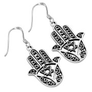 Hand Of Fatima Hamsa Star of David Sterling Silver Dangle Drop Hook Earrings, tpeh004