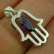Chamsa Silver Pendant w Amethyst CZ, p370