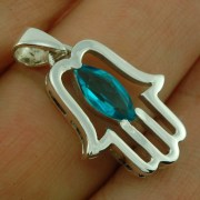Chamsa Silver Pendant w Blue Topaz CZ, p370