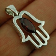 Chamsa Silver Pendant w Garnet CZ, p370