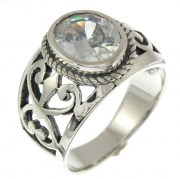 Engraved Style Ethnic Silver Ring set w Clear CZ, r2