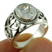 Engraved Style Ethnic Silver Ring set w Clear CZ, r2