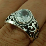 Engraved Style Ethnic Silver Ring set w Clear CZ, r2