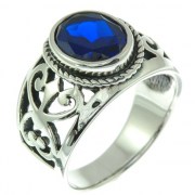 Engraved Style Silver Ring w Blue Sapphire CZ, r2