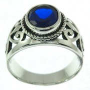 Engraved Style Silver Ring w Blue Sapphire CZ, r2