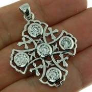 Jerusalem Cross Silver Pendant w Clear CZ, p266