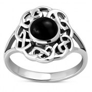 Black Onyx Round Celtic Knot Silver Ring, r533